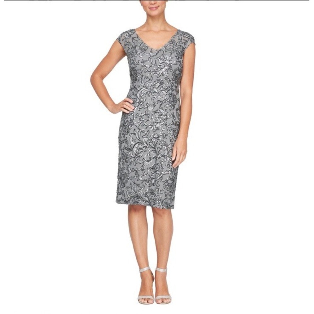 Alex Evenings Womens Size 10 Dress Gunmetal Gray Sequin Cocktail Mother of Bride